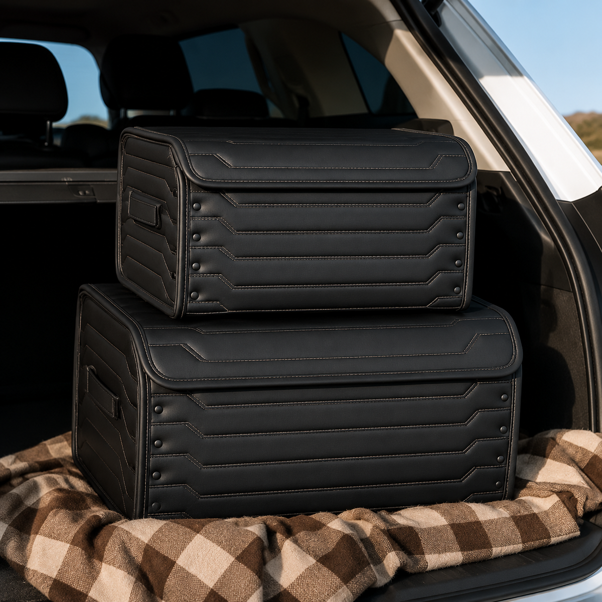 Premium trunk organizer arranged inside a modern vehicle