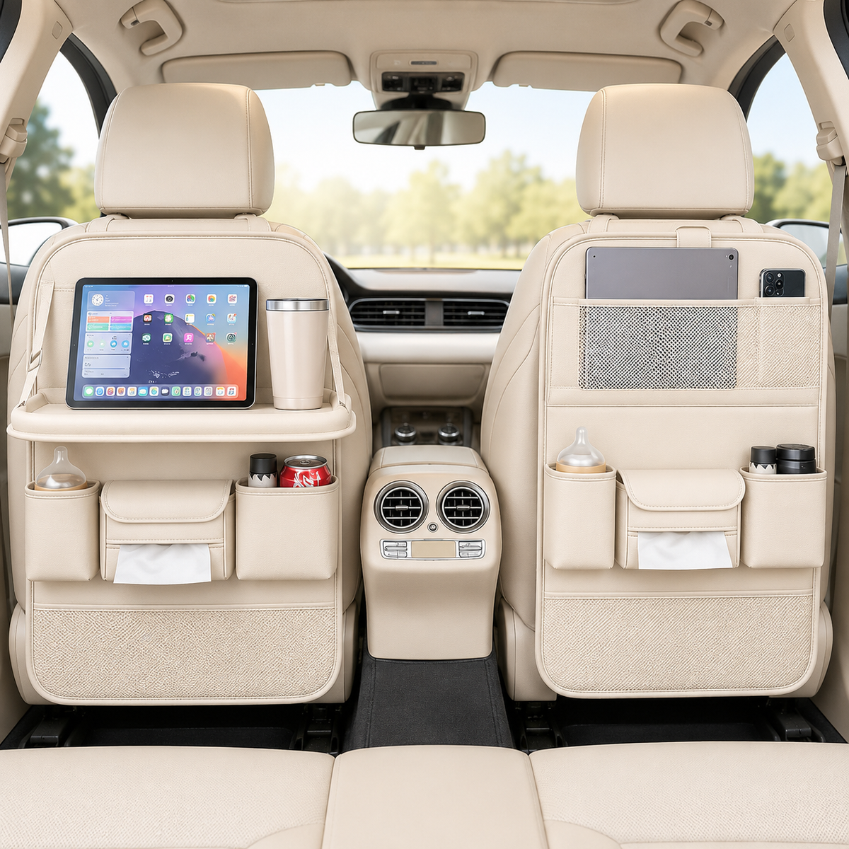 Premium car seat back organizer inside a modern vehicle