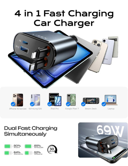 84W Retractable USB-C Fast Car Charger