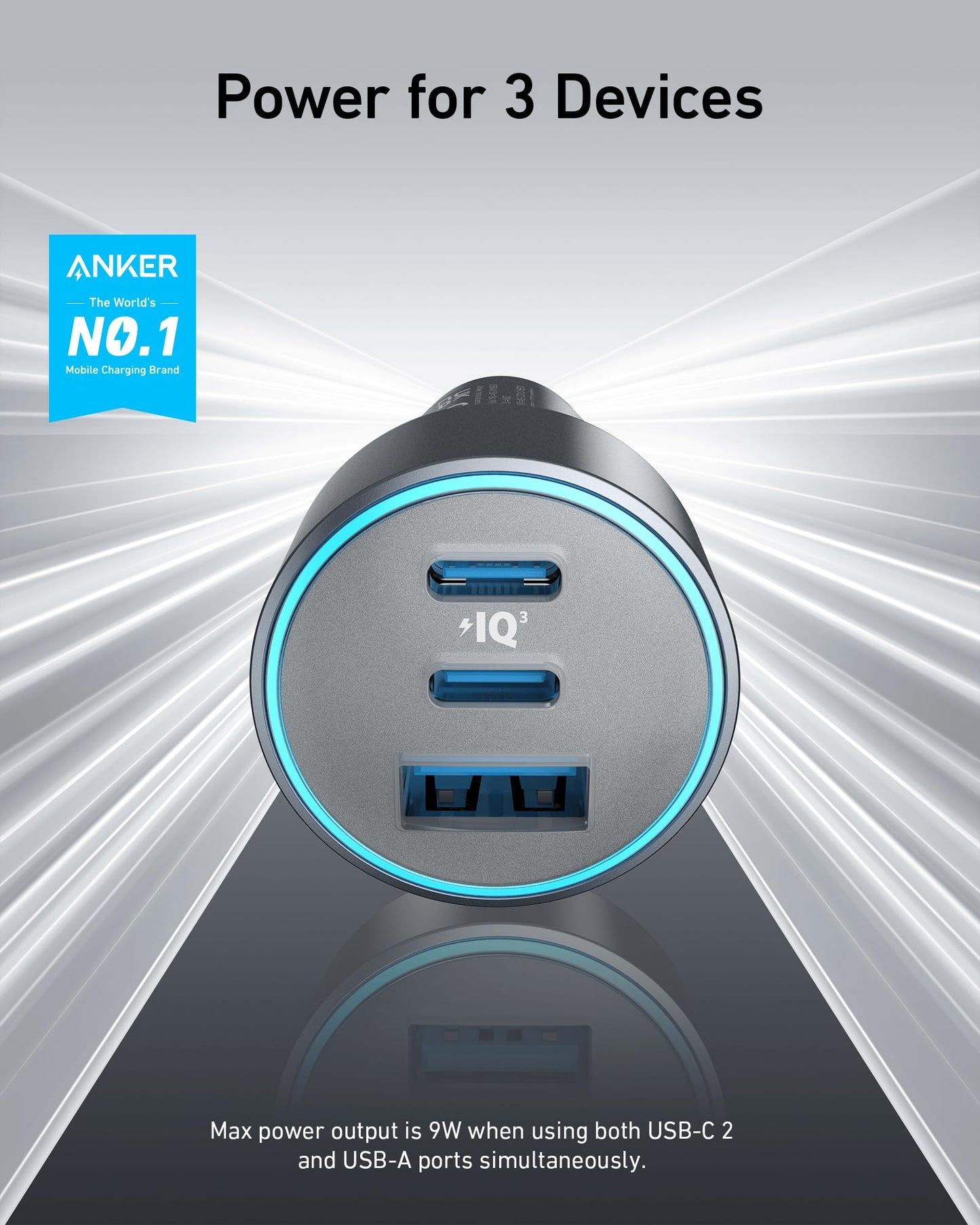 67W 3-Port Compact USB-C Car Charger with Cable