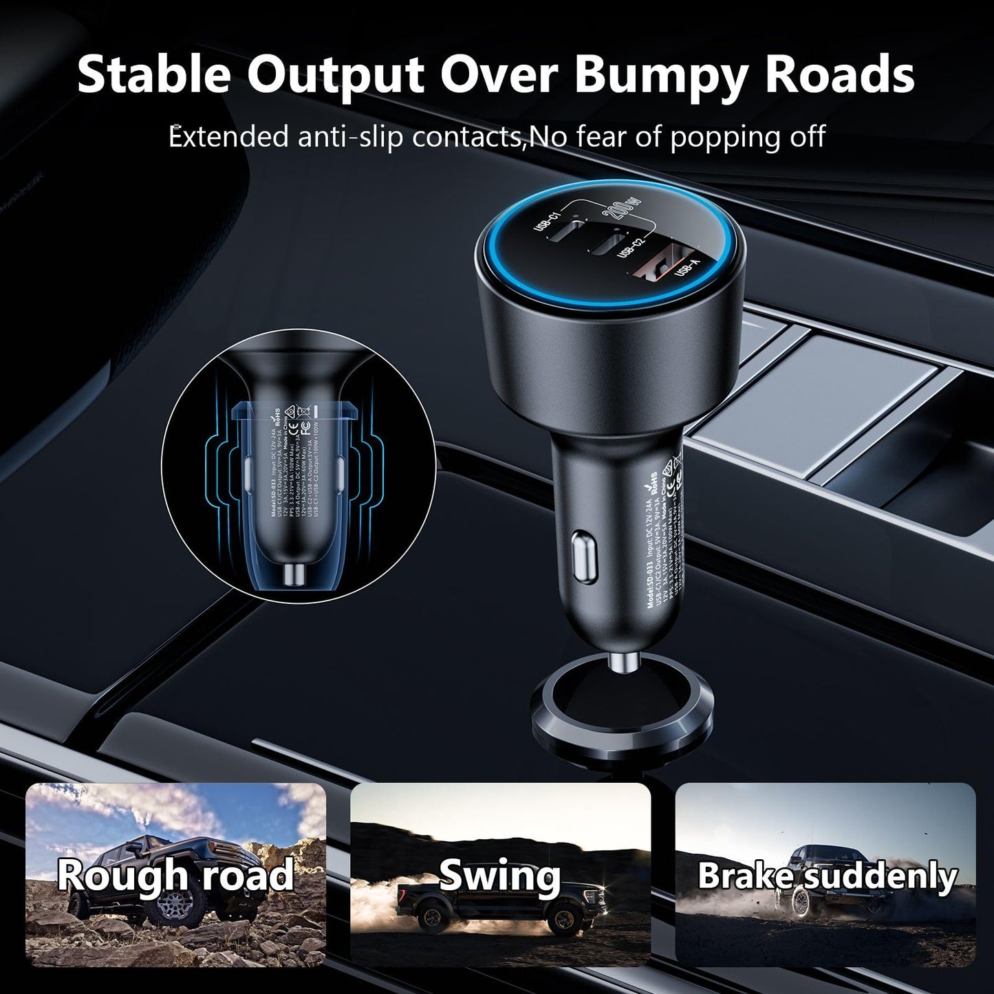 200W Fast USB C Car Charger Adapter