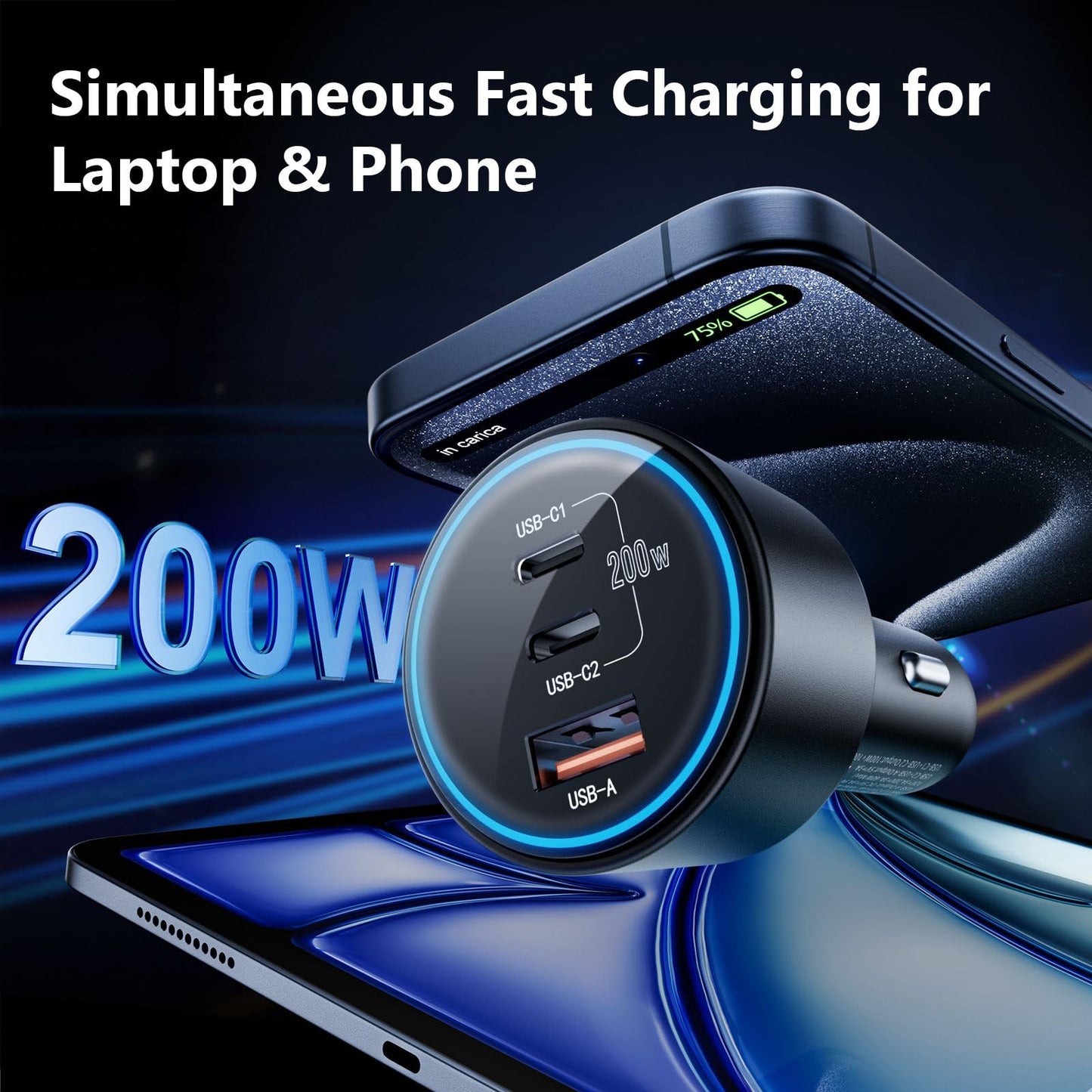 200W Fast USB C Car Charger Adapter
