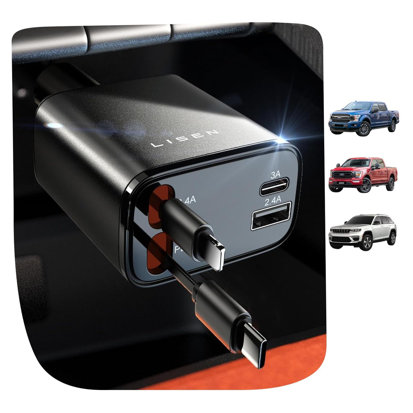84W Retractable USB-C Fast Car Charger
