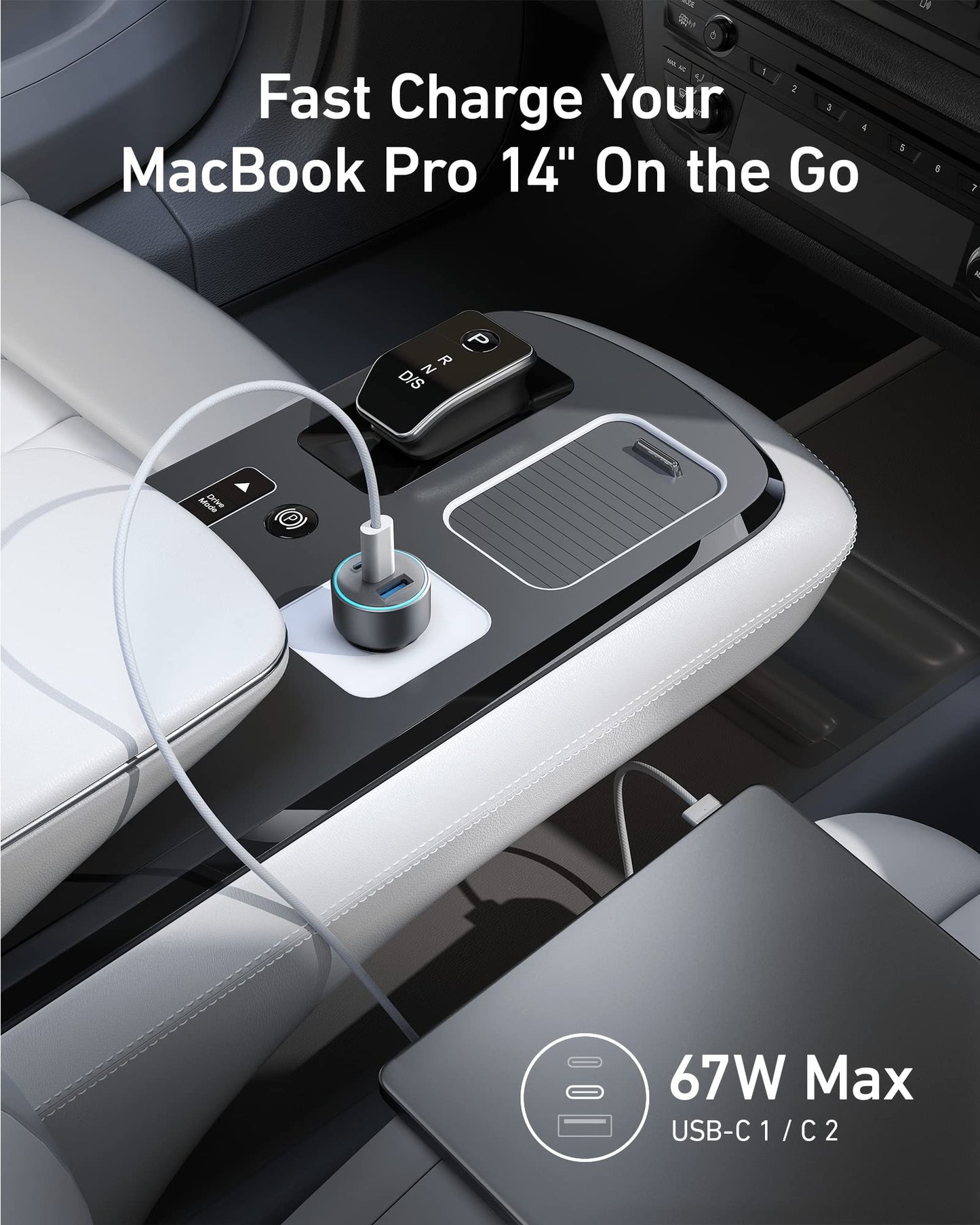 67W 3-Port Compact USB-C Car Charger with Cable