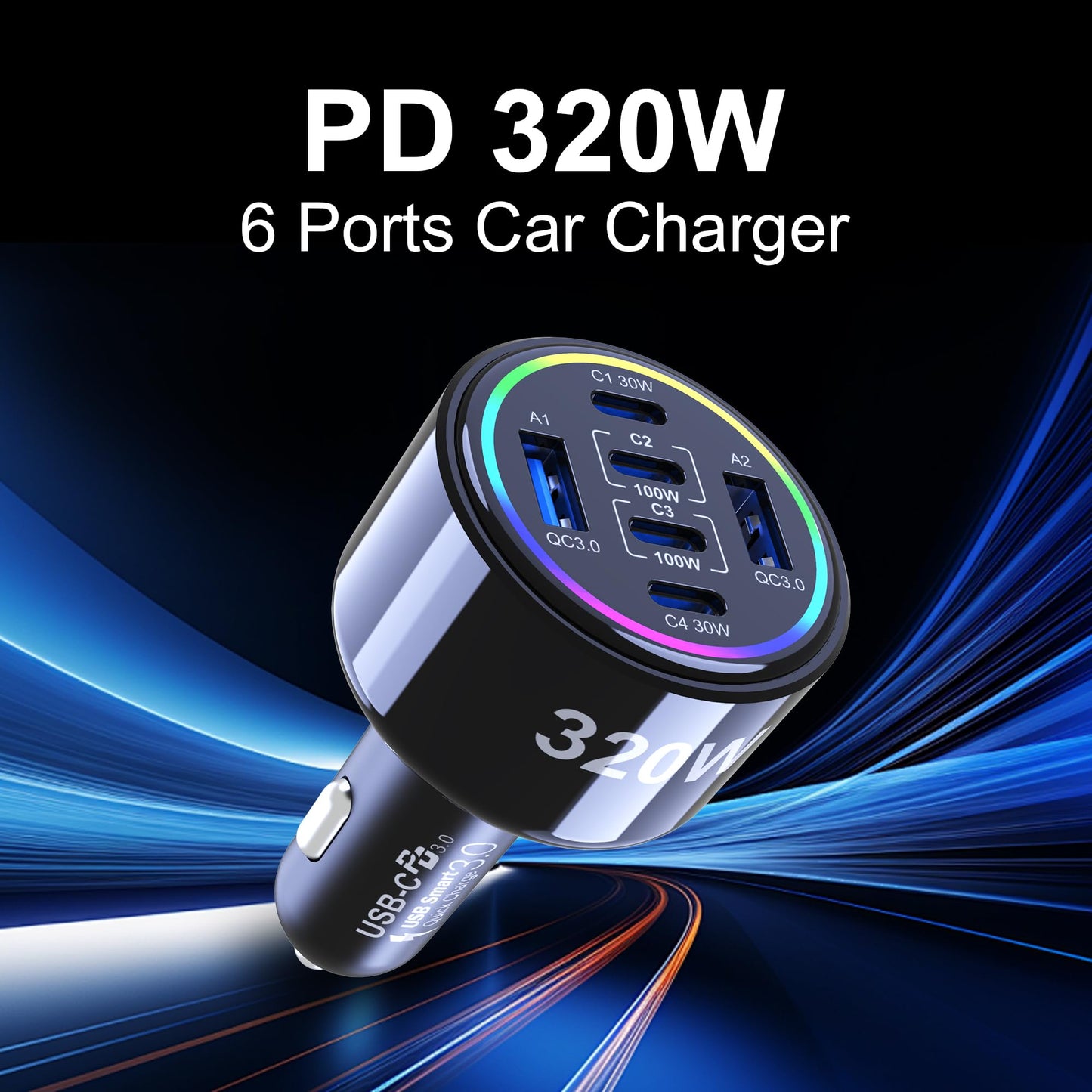 320W 6-Port USB-C Fast Car Charger
