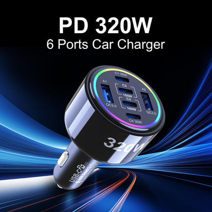 320W 6-Port USB-C Fast Car Charger