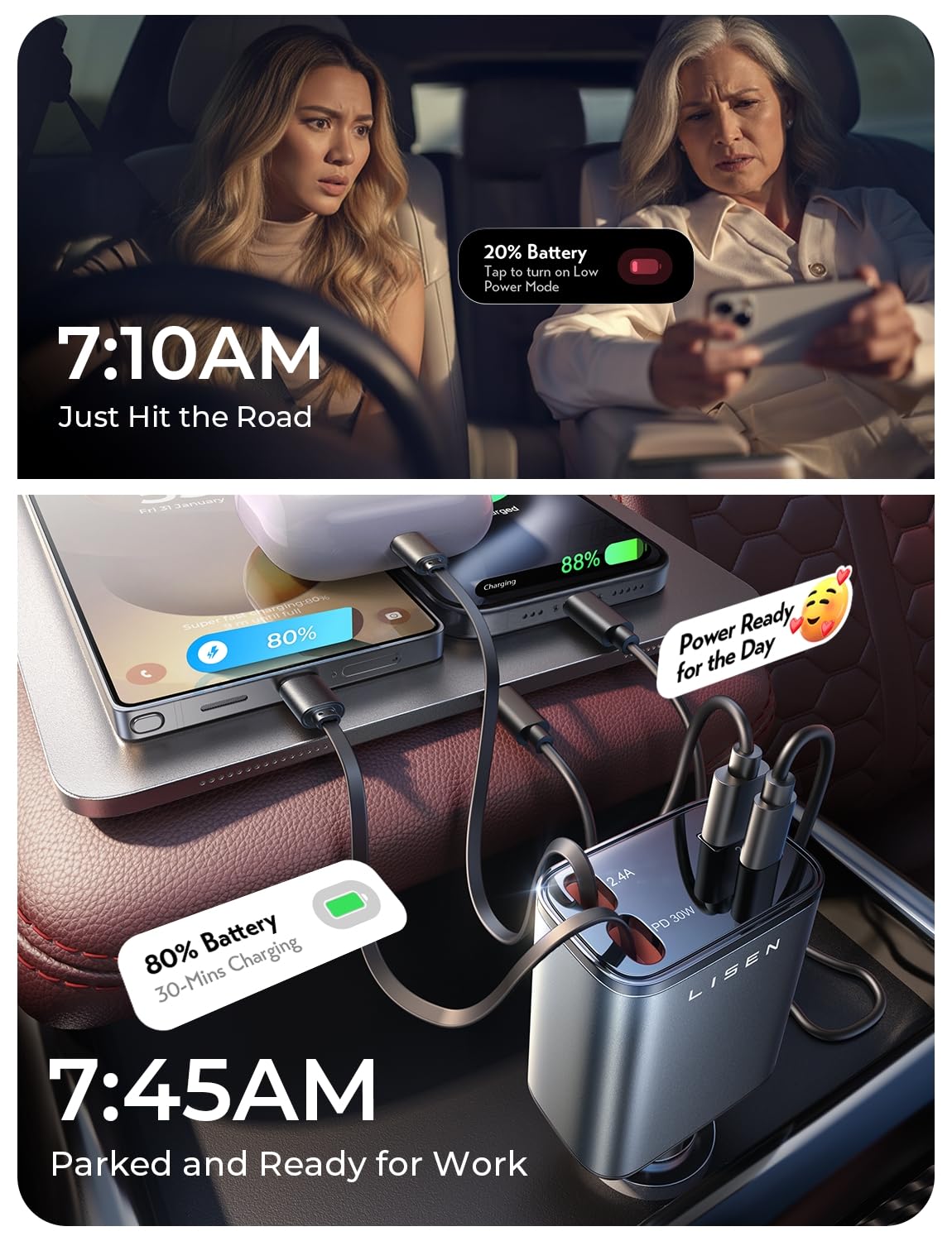 84W Retractable USB-C Fast Car Charger