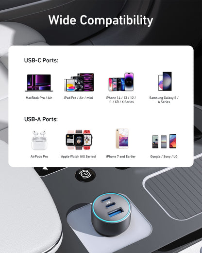 67W 3-Port Compact USB-C Car Charger with Cable