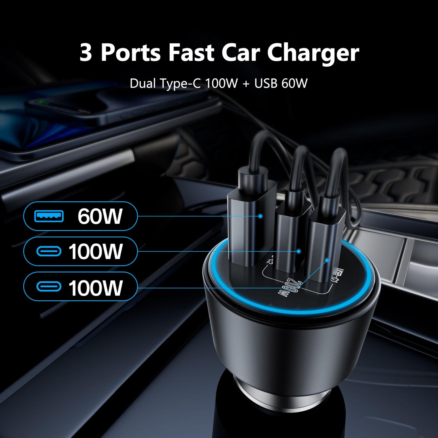 200W Fast USB C Car Charger Adapter