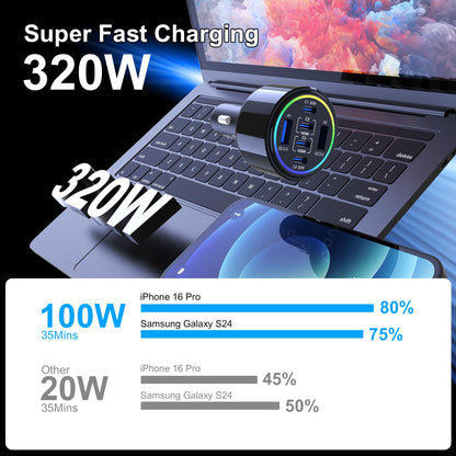 320W 6-Port USB-C Fast Car Charger