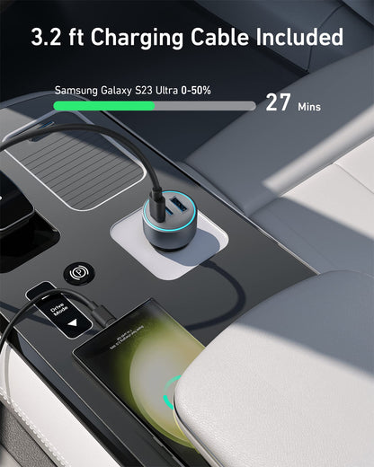 67W 3-Port Compact USB-C Car Charger with Cable