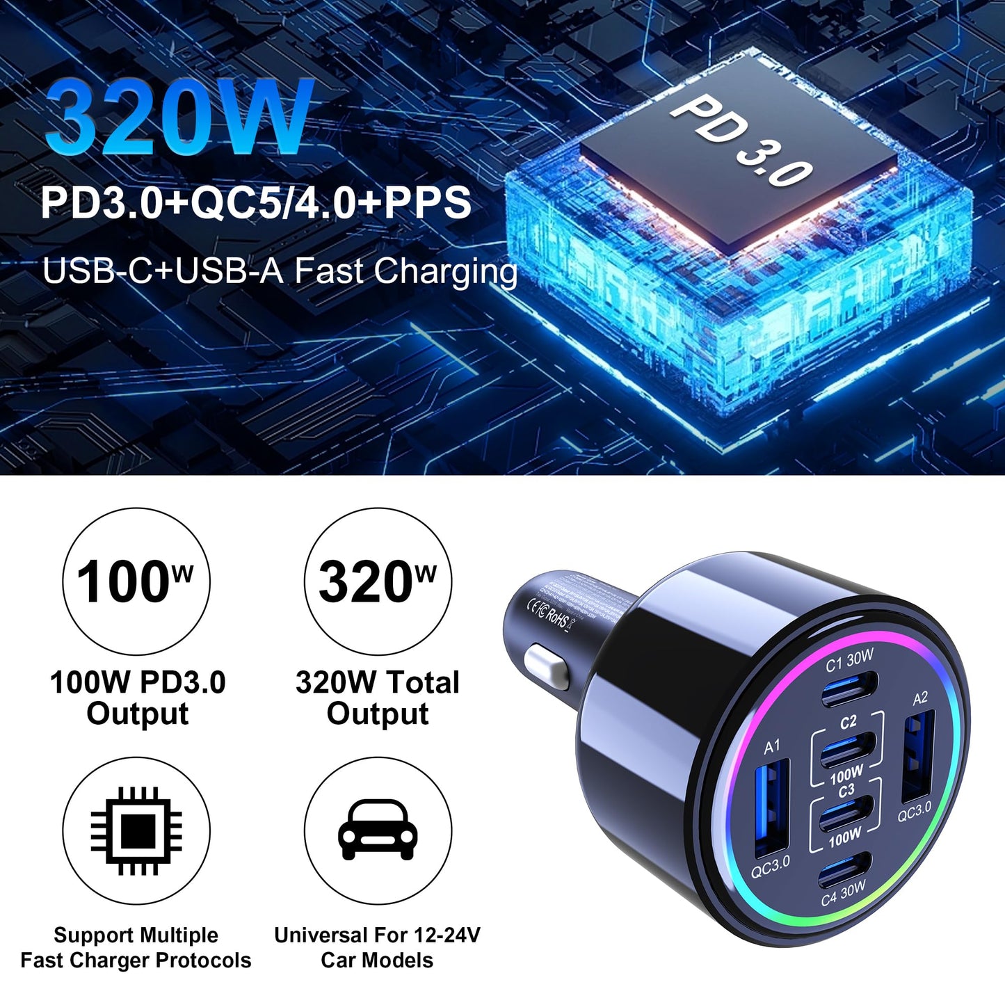 320W 6-Port USB-C Fast Car Charger